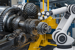 Image showing physical uses of gear force formula in automotive engineering, industrial machinery, and robotics. Depicts gears in a car transmission system, interlocking gears in industrial equipment, and a robotic arm, highlighting forces calculated using the formula Ft = (d/2) × T