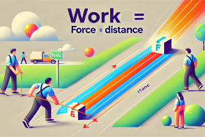 Illustration of the concept of work in physics, showing a person pushing a box along a distance path with labels for force and distance, highlighting the formula Work = Force × Distance